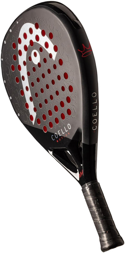 The HEAD Coello Motion 2025 Padel Racket features a black and gray face, red holes, "COELLO" on the side, a black textured grip handle, Extreme Spin technology for top performance, and the HEAD logo on the face.