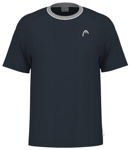 The HEAD Performance Men's Padel T-Shirt in navy features a crew neck, short sleeves, and a minimalist logo on the left chest. Enhanced with Moisture Transfer Microfiber technology, it includes a light gray trim around the neckline for comfort during active wear.