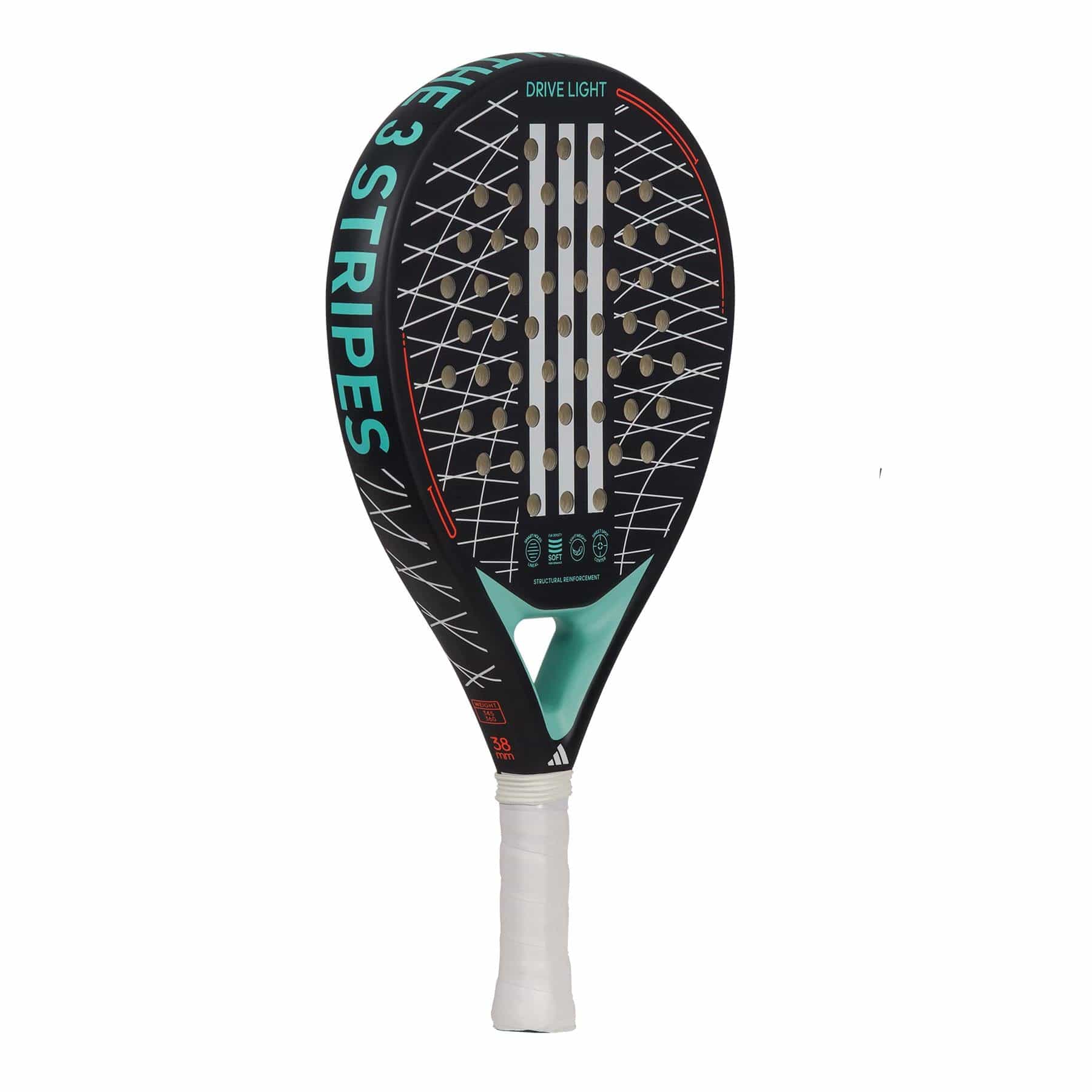 The adidas Drive Light 3.3 Padel Racket is a beginner-friendly black racket with white strings, light blue and red accents, "THE 3 STRIPES" text on the side, and a comfortable handle wrapped in white grip tape.