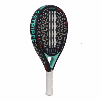 The adidas Drive Light 3.3 Padel Racket is a beginner-friendly black racket with white strings, light blue and red accents, "THE 3 STRIPES" text on the side, and a comfortable handle wrapped in white grip tape.