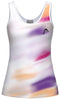 The HEAD Blur Womens Padel Tank Top - PUXU is a sleeveless, scoop-neck white tank with soft streaks of purple, pink, and orange, moisture-wicking technology, and a small black HEAD logo on the chest.