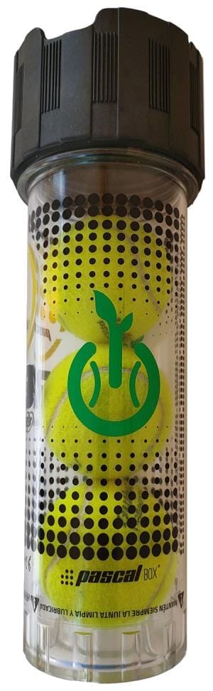 The Bullpadel Pascal Padel Ball Pressuriser - 3 Ball Tube is a transparent container with a black lid, holds three yellow tennis balls, and helps maintain ball pressure. It features the Bullpadel brand and logo.