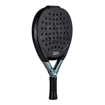 The ADIDAS Metalbone Carbon CTRL 3.3 Padel Racket by adidas is black, made with 6K Carbon material, features a textured surface with multiple holes for optimized performance, and has a sleek gray and black handle design with subtle geometric patterns enhanced by the Spin Blade Decal.
