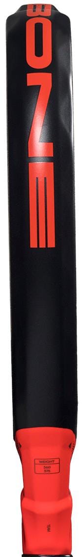 Close-up of the back of a black cricket bat with bold red "ZONE" lettering, a red handle, and a rectangular label near the bottom, featuring design precision like the adidas ADIDAS Metalbone Team 2026 Padel Racket.