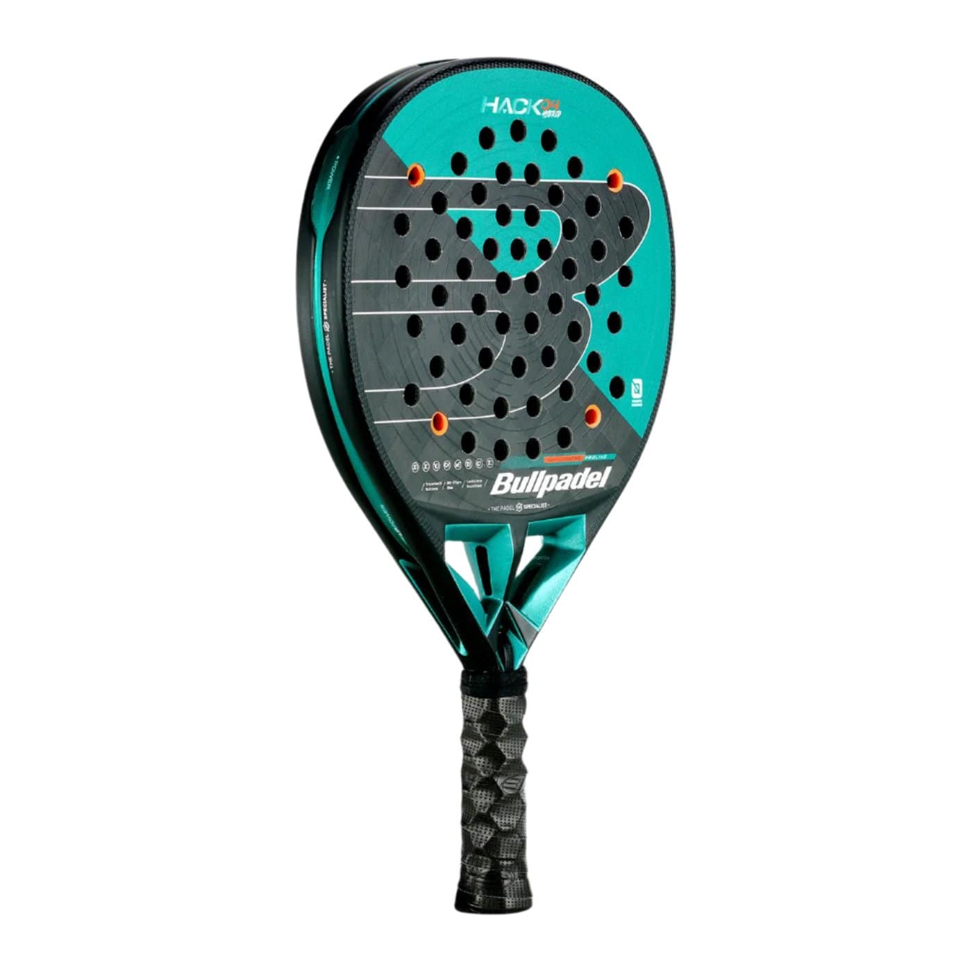The Bullpadel Hack 04 Hybrid 2025 Padel Racket by Bullpadel features a green and black design, textured handle, round shape, and multiple face holes, made for advanced players and shown on a white background.