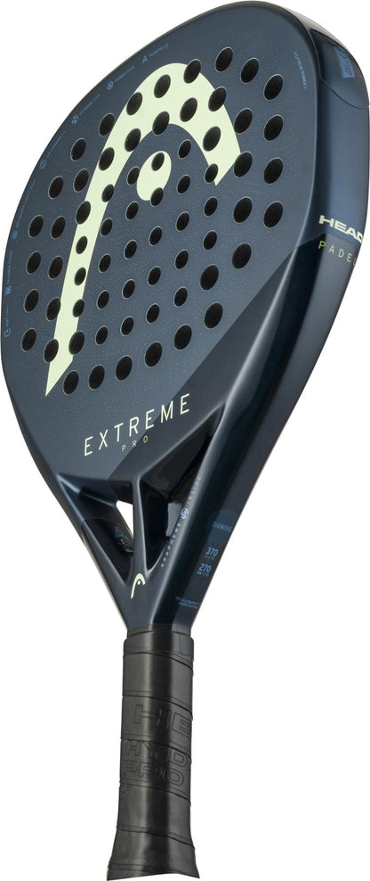 The HEAD Extreme Pro 2025 Padel Racket in black and yellow features a perforated round face, textured surface, black grip handle, and displays the HEAD logo and model name prominently on the face and frame.