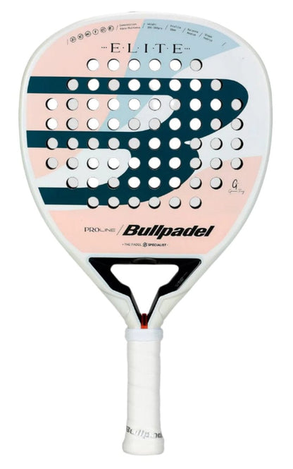 The Bullpadel Elite W 2025 Padel Racket, co-designed with Gemma Triay, features a bold white, black, and pink design with circular holes, the Bullpadel logo, and a comfortable white grip tape on the handle.