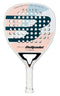 The Bullpadel Elite W 2025 Padel Racket, co-designed with Gemma Triay, features a bold white, black, and pink design with circular holes, the Bullpadel logo, and a comfortable white grip tape on the handle.