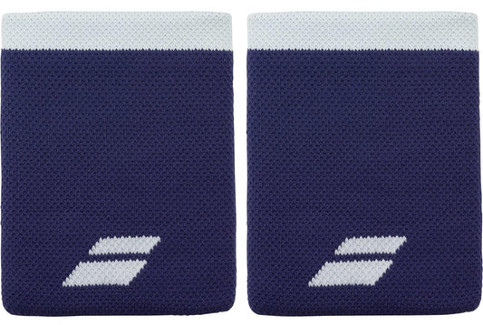 The Babolat Logo Jumbo Wristband in Illusion Blue features a white stripe and geometric logo, offering excellent sweat absorption—ideal for tennis.