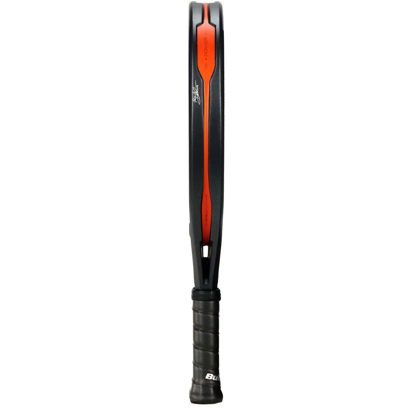 A black and orange Bullpadel HACK 04 Comfort 2026 Padel Racket is shown from the side, with its grip at the bottom and slim frame above, showcasing power and control by Bullpadel.