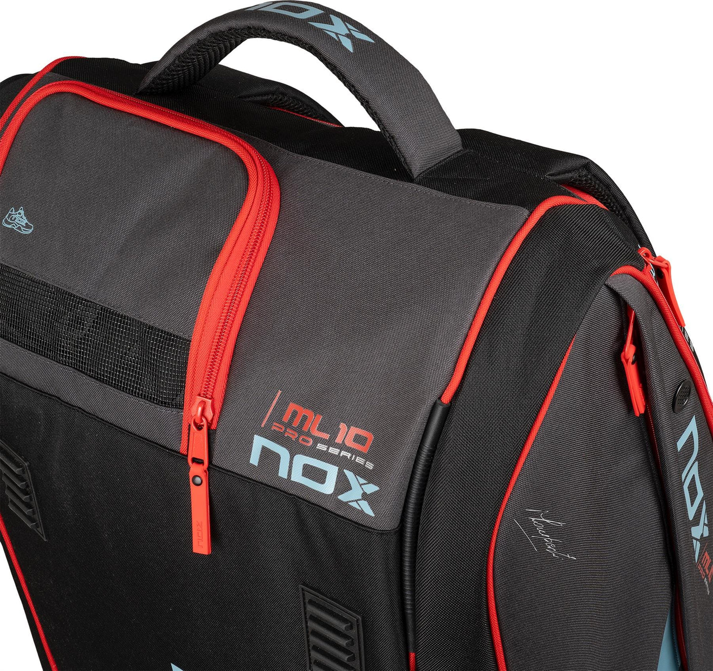 The NOX ML10 Competition XL Compact Padel Racket Bag in black and red features red zippers, a sturdy handle, mesh side ventilation, and "NOX" branding—perfect for stylishly carrying your gear.