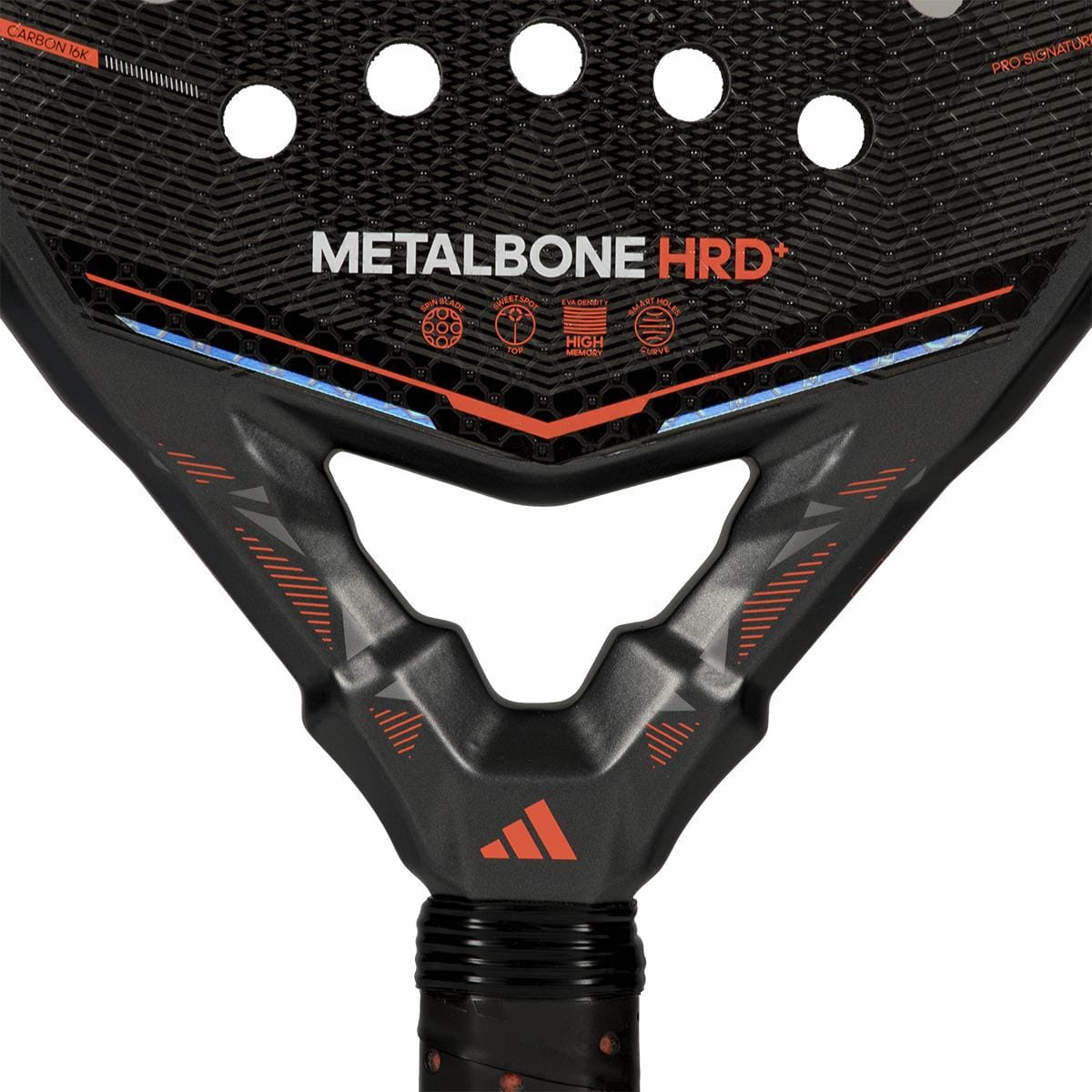 Close-up of the adidas Metalbone HRD+ by Ale Galán 2026 Padel Racket, a black and red power racket with textured surface, adidas branding, and logo near the handle.