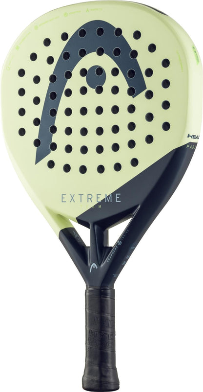 The HEAD Extreme Team 2025 Padel Racket features a yellow and black design, perforated face, black handle, and "Extreme" branding—ideal for advanced players seeking a powerful padel racket.