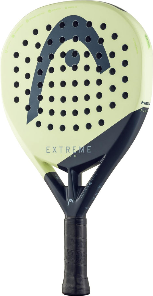 The HEAD Extreme Team 2025 Padel Racket features a yellow and black design, perforated face, black handle, and "Extreme" branding—ideal for advanced players seeking a powerful padel racket.
