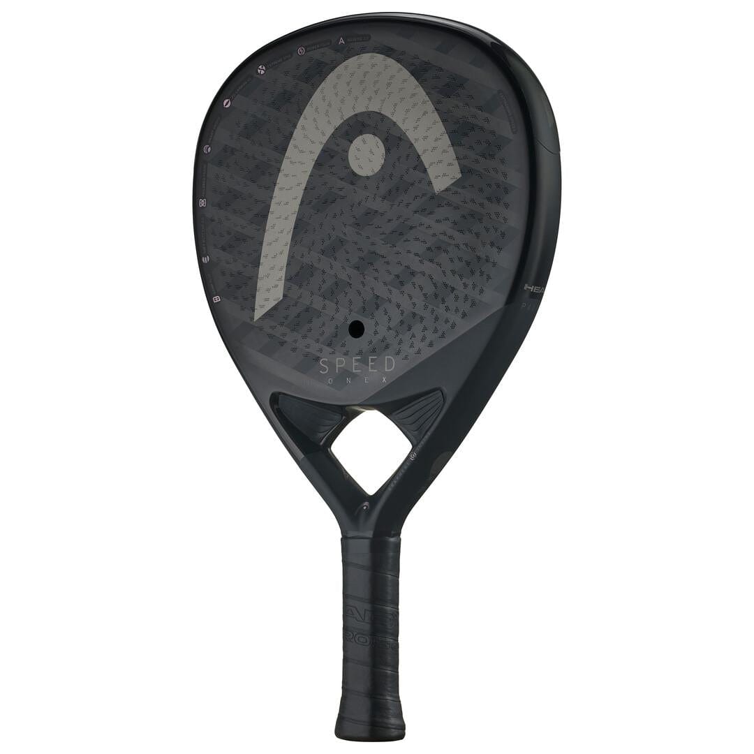 The HEAD Speed One X 2025 padel racket features a teardrop shape, Auxetic 2.0 tech, textured surface, large HEAD logo, "SPEED" near the center, and a black grip on the handle.