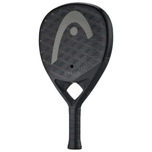 The HEAD Speed One X 2025 padel racket features a teardrop shape, Auxetic 2.0 tech, textured surface, large HEAD logo, "SPEED" near the center, and a black grip on the handle.