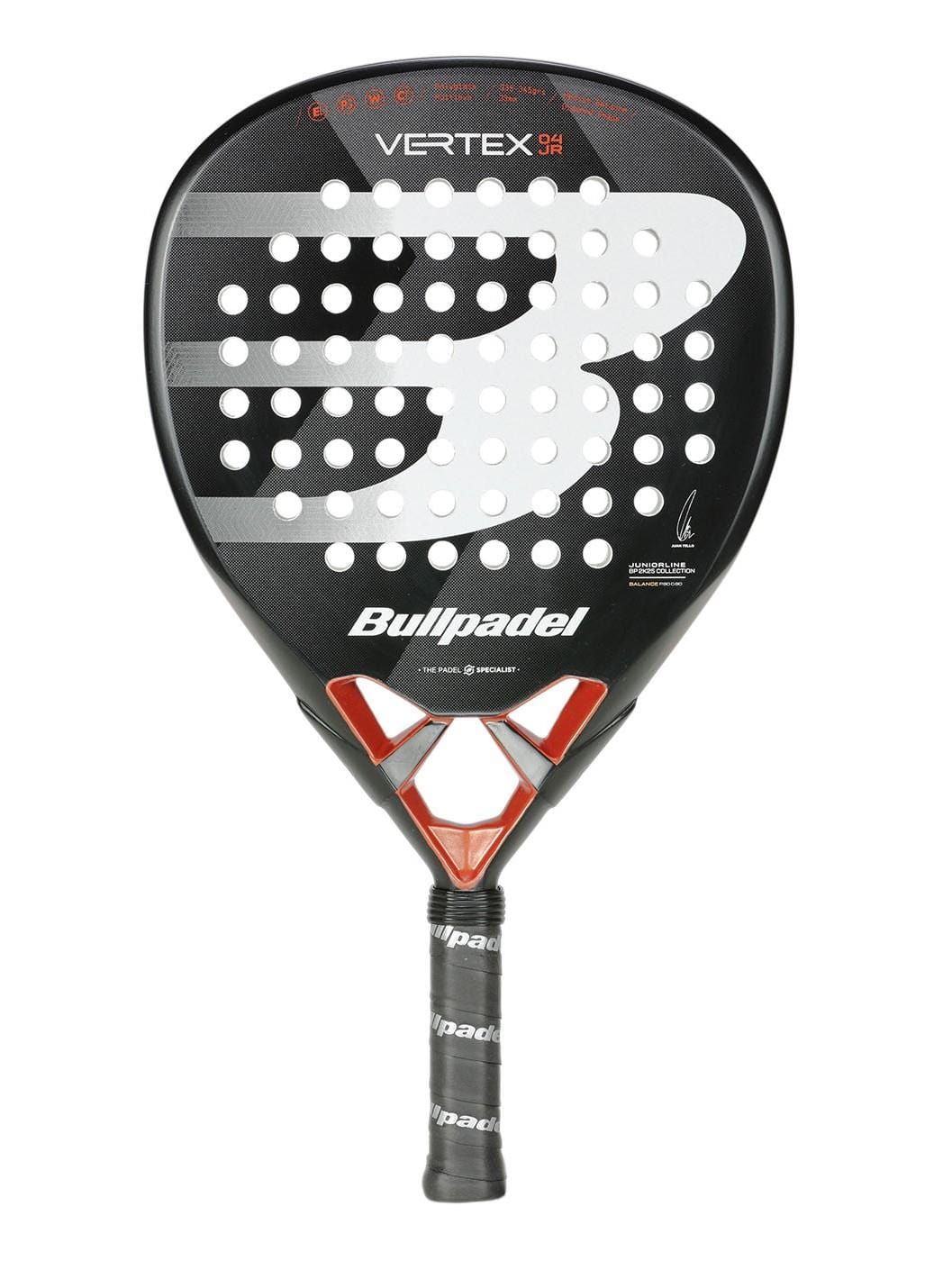 The Bullpadel Vertex Junior 25 Padel Racket is a black junior racket featuring a diamond-shaped head, white and red accents, a perforated face with a large "B" design, and a wrapped handle.