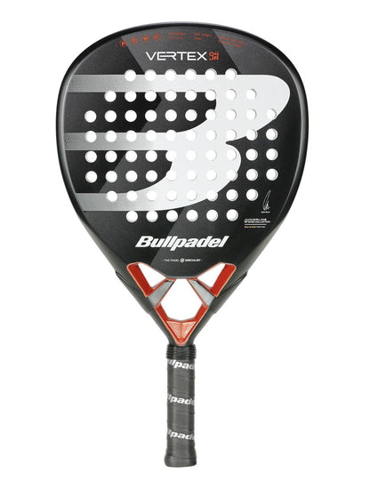 The Bullpadel Vertex Junior 25 Padel Racket is a black junior racket featuring a diamond-shaped head, white and red accents, a perforated face with a large "B" design, and a wrapped handle.
