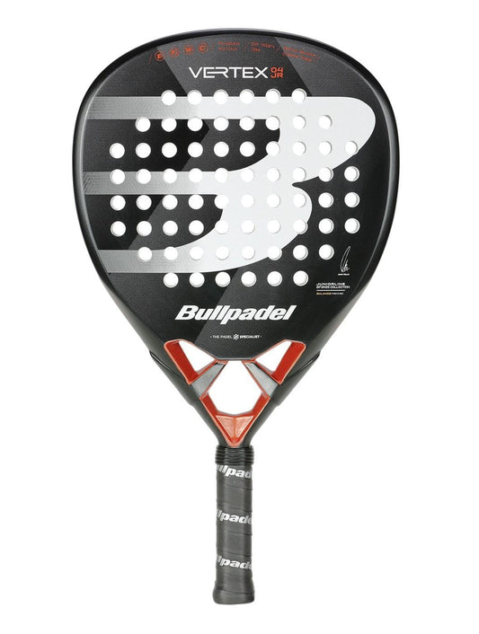 The Bullpadel Vertex Junior 25 Padel Racket is a black junior racket featuring a diamond-shaped head, white and red accents, a perforated face with a large "B" design, and a wrapped handle.