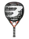 The Bullpadel Vertex Junior 25 Padel Racket is a black junior racket featuring a diamond-shaped head, white and red accents, a perforated face with a large "B" design, and a wrapped handle.