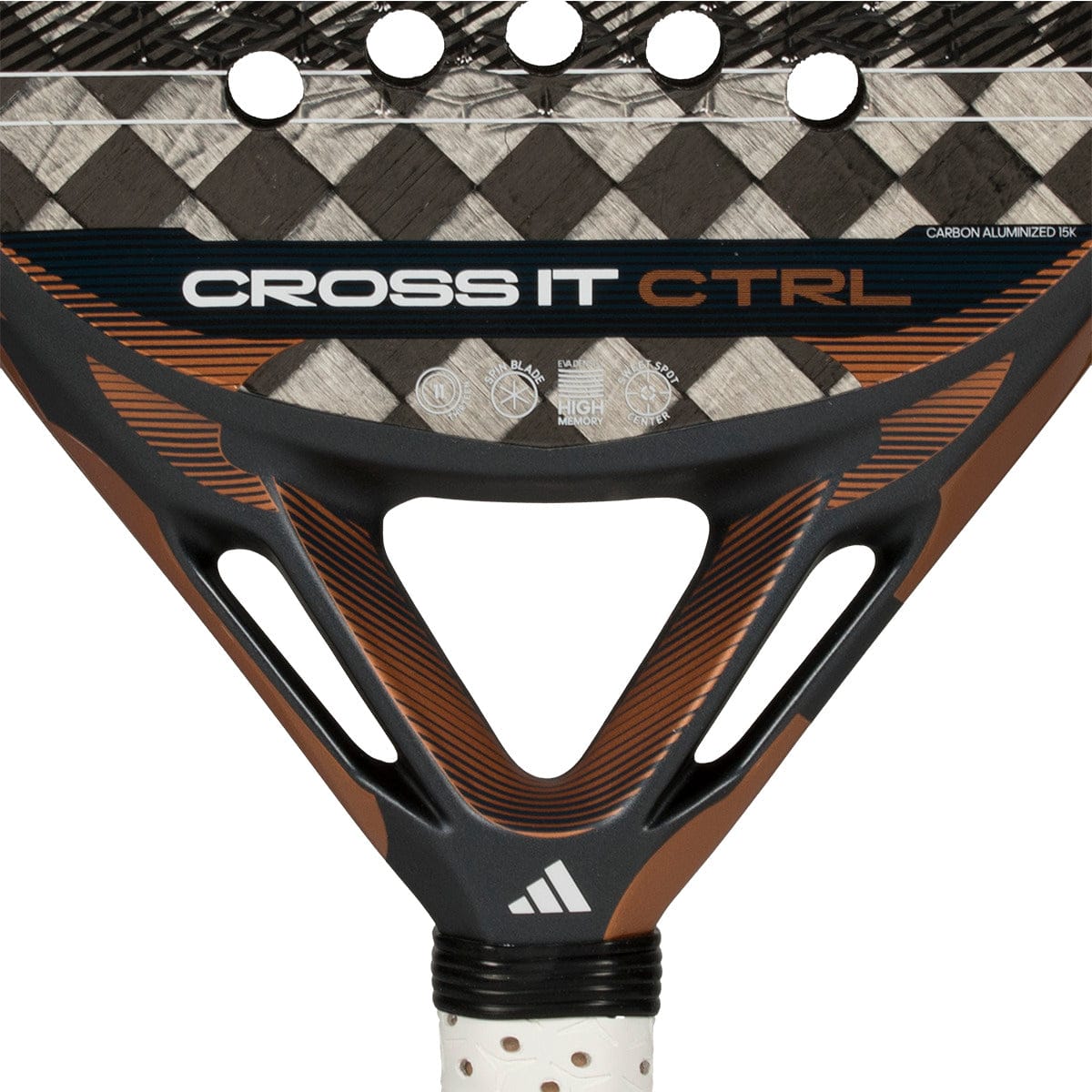 Close-up of the adidas Cross It Ctrl 2026 Padel Racket, a carbon fibre racket with "CROSS IT CTRL" text, black, brown, and orange accents, Spin Blade Mould finish, triangular openings, and part of the iconic adidas logo.