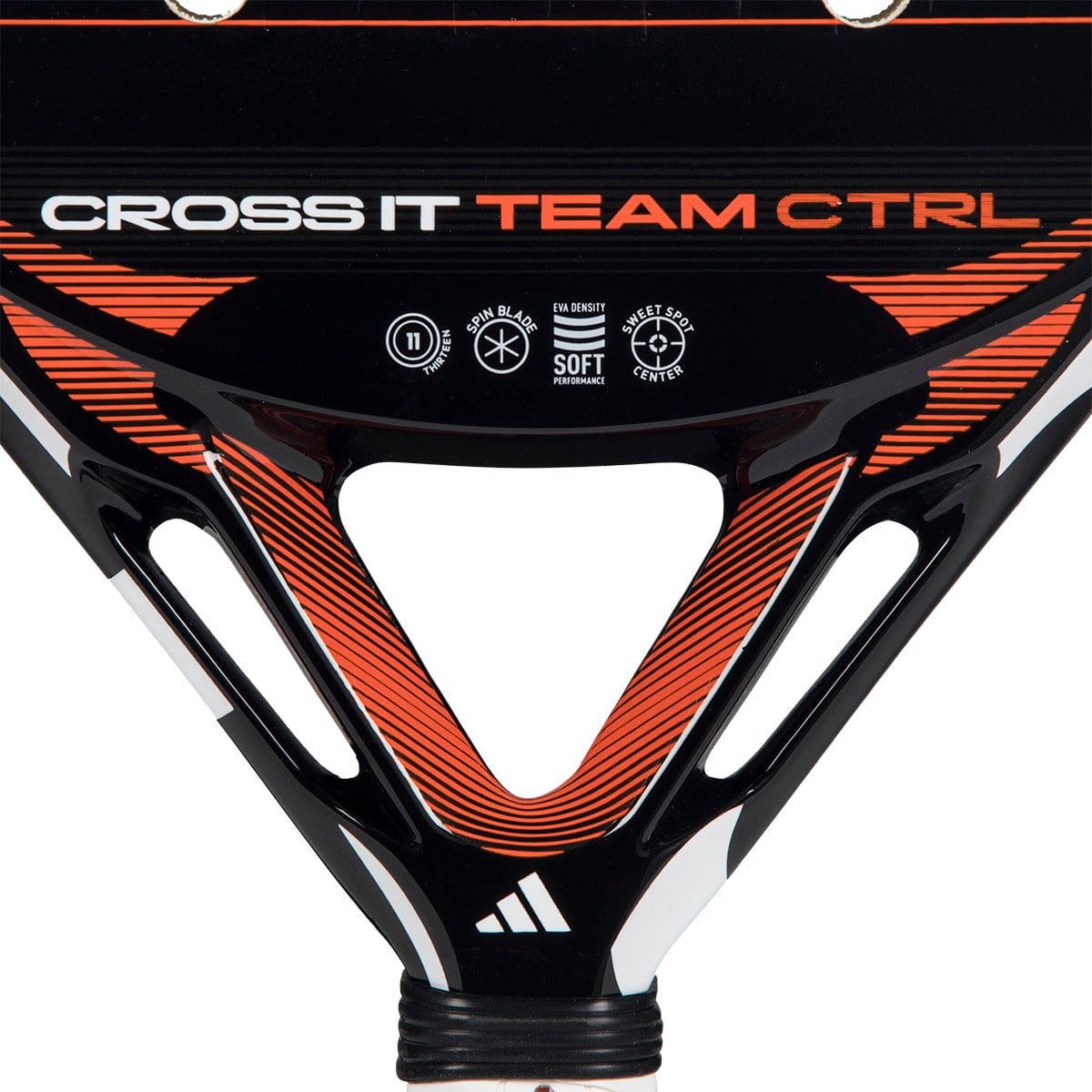 Close-up of the adidas Cross It Team Ctrl 2026 Padel Racket in orange and black, featuring the "CROSS IT TEAM CTRL" text and highlighting its premium fibreglass construction.