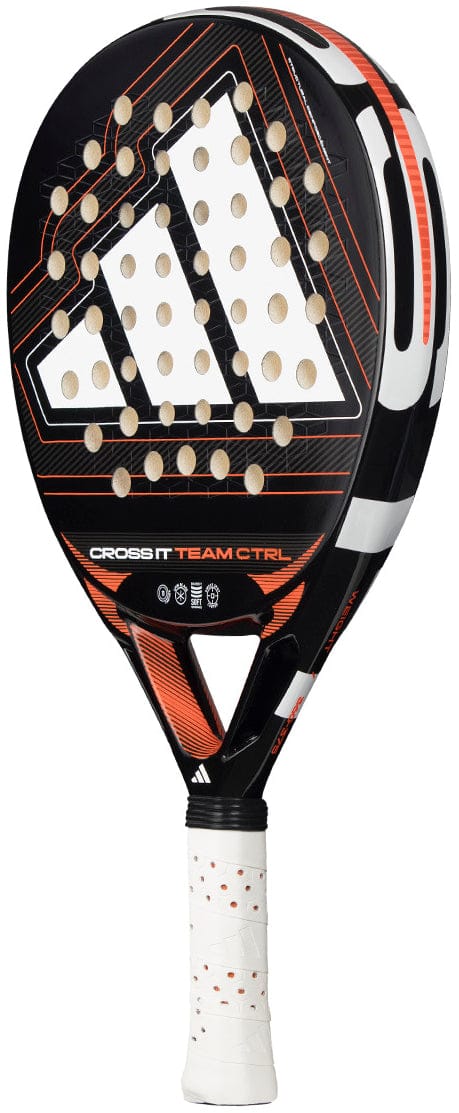 The adidas Cross It Team Ctrl 2026 Padel Racket is a black fibreglass racket with orange and white accents, a large geometric logo, “CROSS IT TEAM CTRL” on the face, and a handle wrapped in white grip tape.
