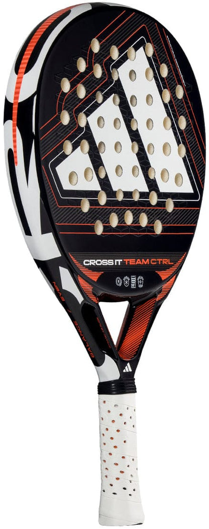 The adidas Cross It Team Ctrl 2026 Padel Racket features a black, red, and white design with a large logo, perforated face, "Cross It Team CTRL" above the handle, fibreglass construction, and a white grip with bold red accents.