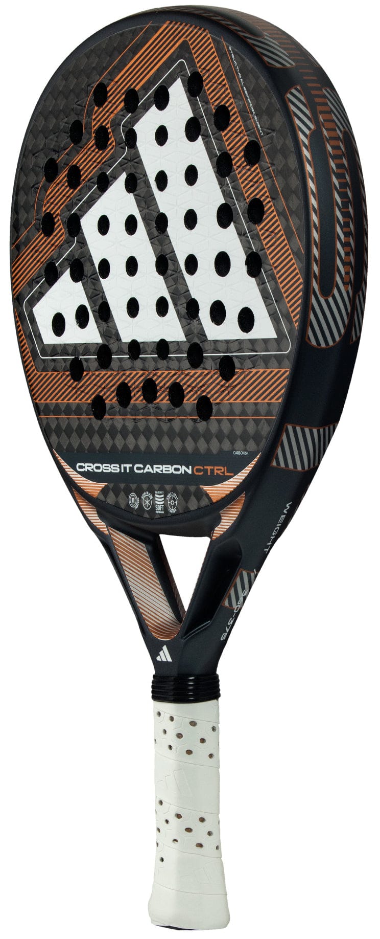 The adidas ADIDAS Cross It Carbon Ctrl 2026 Padel Racket features a black and orange carbon fibre frame, textured face, circular holes, Extra Power Grip, and the product name printed on the lower face for a premium look.