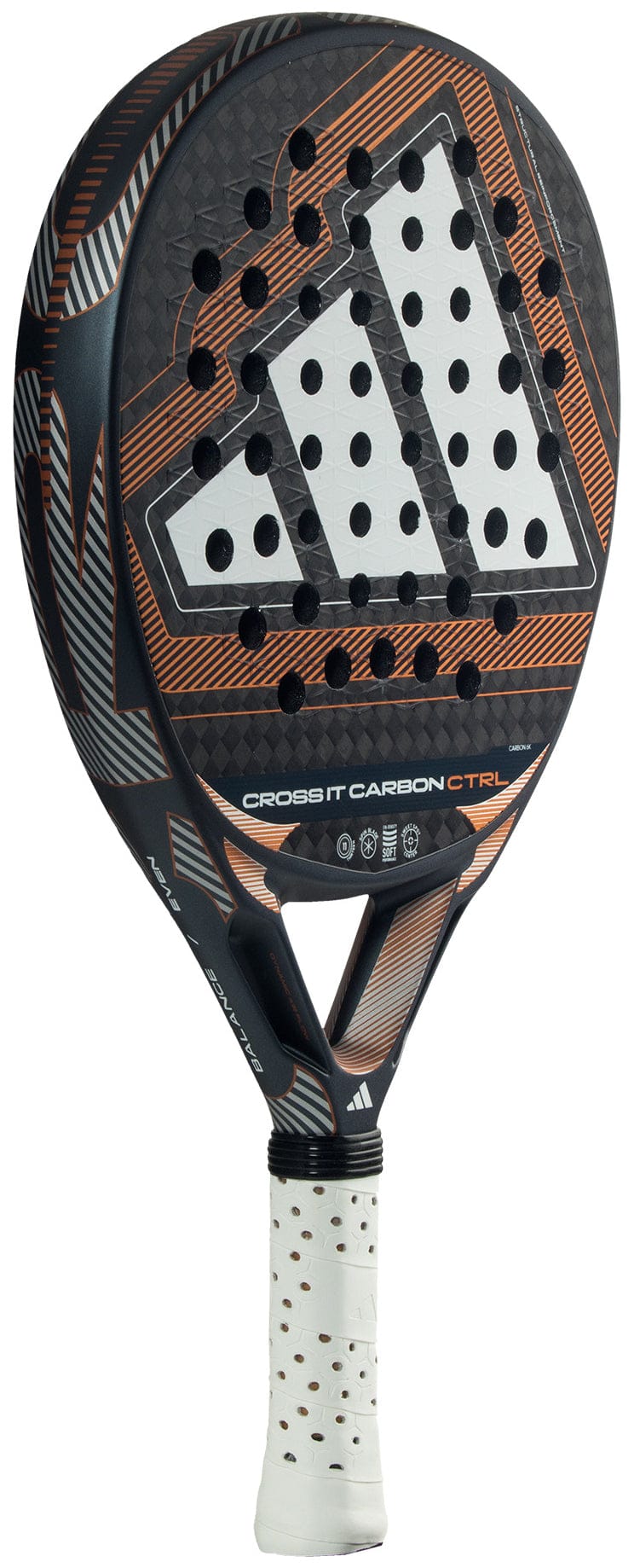 The adidas Cross It Carbon Ctrl 2026 Padel Racket features a black and white design with orange accents, a large logo, durable carbon fibre construction, and an Extra Power Grip white perforated handle.