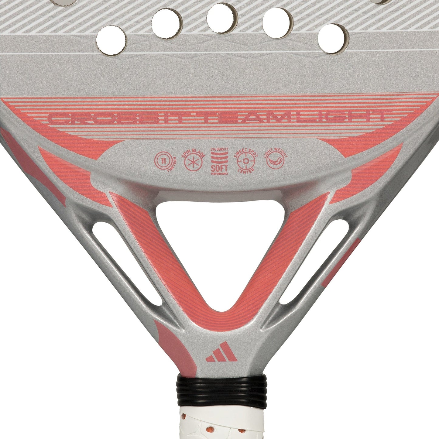 Close-up of the adidas Cross It Team Light 2026 Padel Racket, a lightweight racket with a white Extra Power Grip and silver and red branding, featuring the adidas logo on the handle and lower head.
