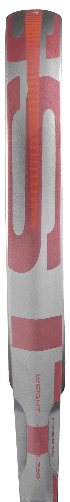 Close-up of the adidas Cross It Team Light 2026 Padel Racket’s side, featuring large red "WEIGHT 1.350" and "DYNAMICAM" text on a silver background with an orange accent.