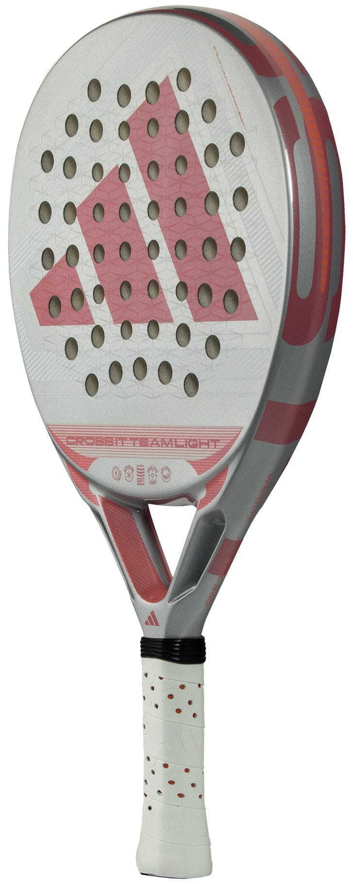 The adidas Cross It Team Light 2026 Padel Racket features a white and pink design, textured surface, round holes, Extra Power Grip, plus a white handle with red dots and the bold adidas logo on the face.