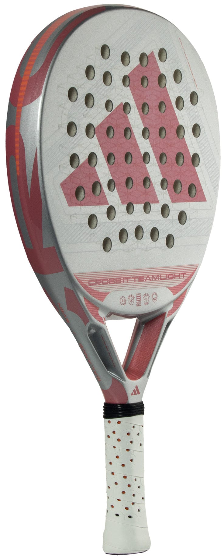 The adidas Cross It Team Light 2026 Padel Racket features a white and pink design, circular face holes, a textured Extra Power Grip, lightweight build, and prominent adidas logo.