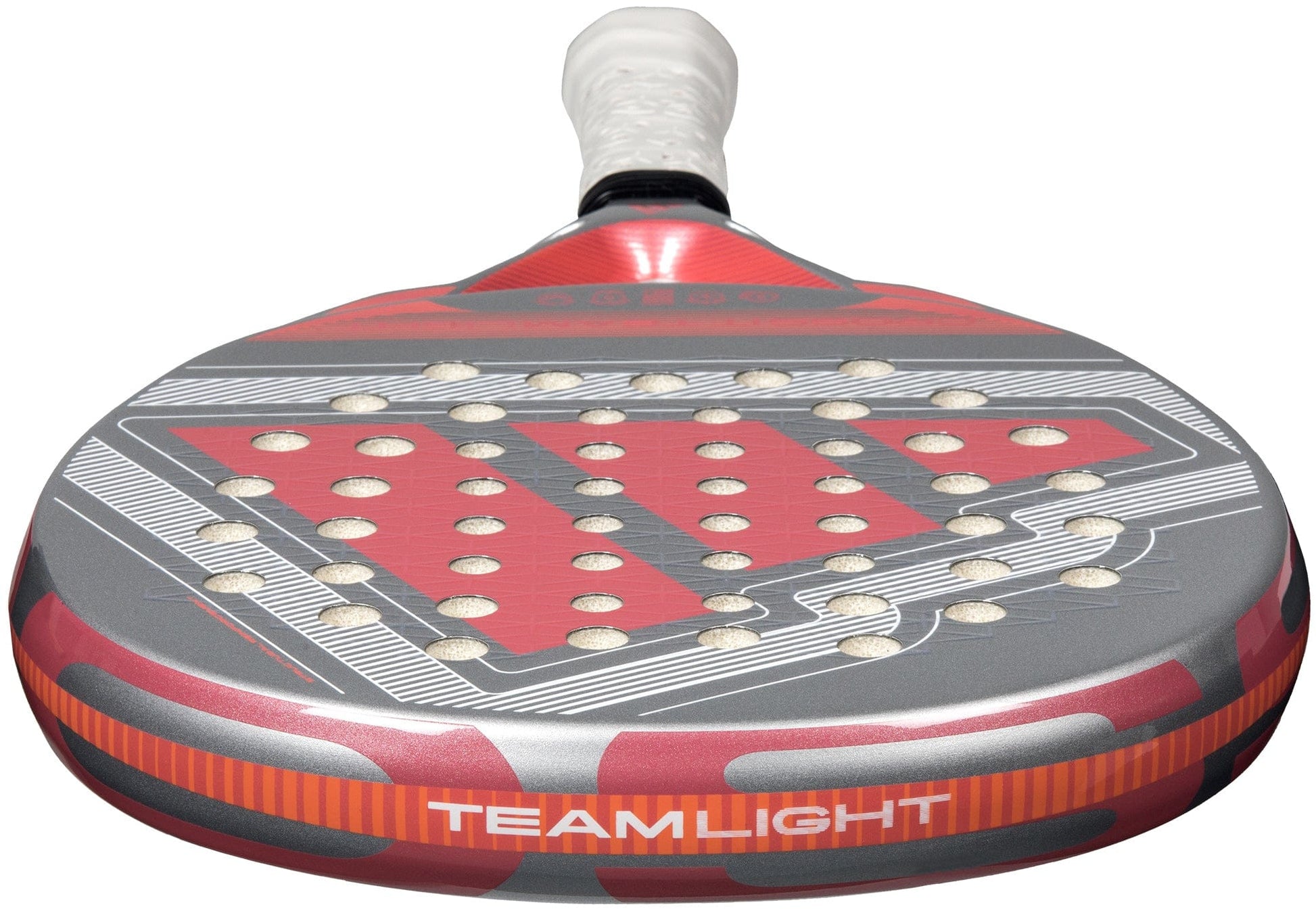 A close-up of the adidas Cross It Team Light 2026 Padel Racket shows "TEAMLIGHT" on the edge, round hole patterns, and a white-wrapped handle with Extra Power Grip for optimal lightweight performance.