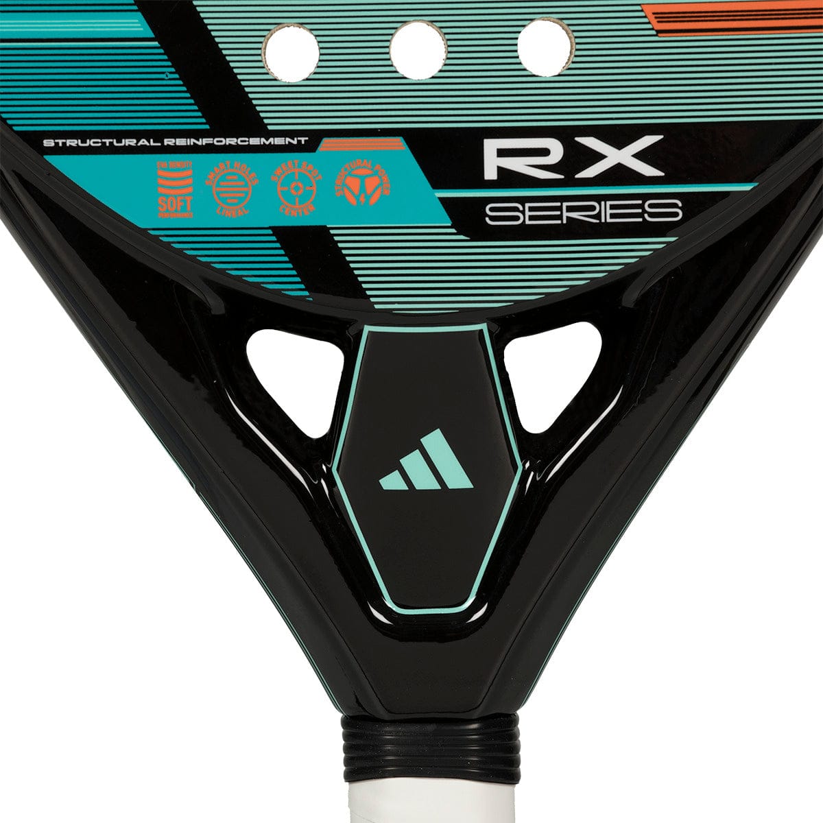 Close-up of the adidas RX Series 2026 Padel Racket for intermediate players, showcasing Smart Holes Lineal tech, structural reinforcement graphics, three certification symbols, and a white adidas logo above the handle.