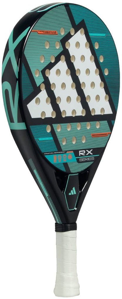 The adidas ADIDAS RX Series 2026 Padel Racket features a teal and black design with a white handle, geometric patterns, and Smart Holes Lineal technology, perfect for intermediate padel players.