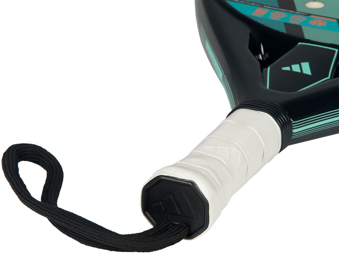 Close-up of the adidas RX Series 2026 Padel Racket handle with a white grip, black wrist strap, Smart Holes Lineal technology, and a sleek black and green face—designed for intermediate padel players.
