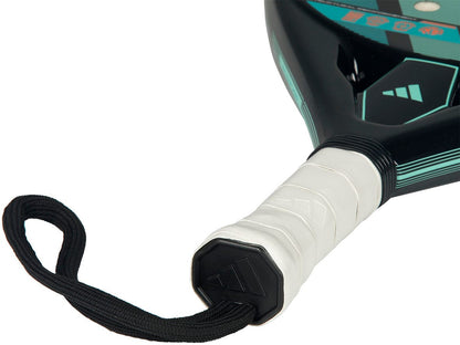 Close-up of the adidas RX Series 2026 Padel Racket handle with a white grip, black wrist strap, Smart Holes Lineal technology, and a sleek black and green face—designed for intermediate padel players.