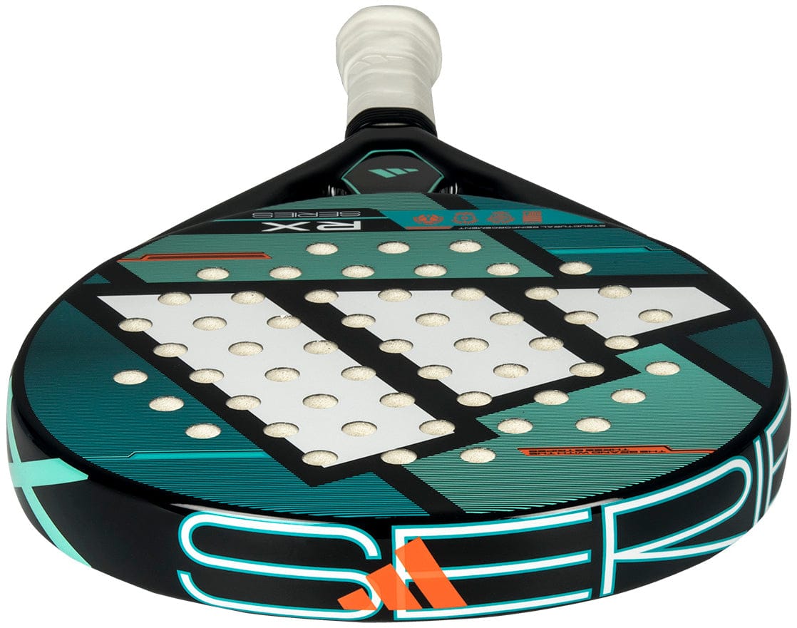 The adidas RX Series 2026 Padel Racket features a colorful geometric design with teal and black accents, Smart Holes Lineal technology, and a sleek white grip—perfect for intermediate padel players.