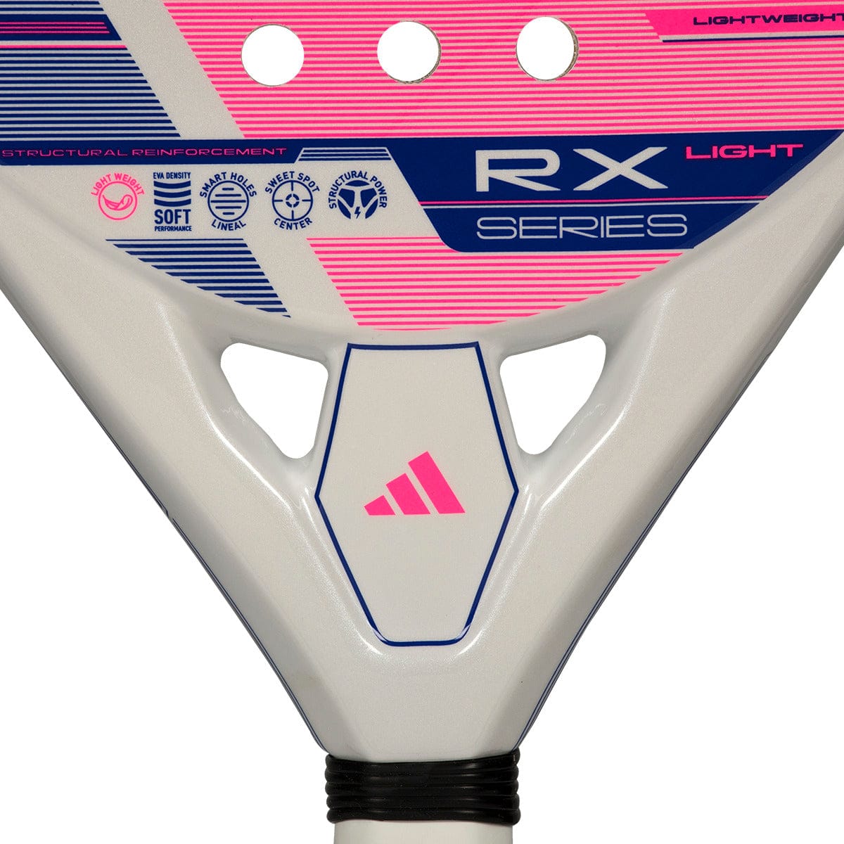 Close-up of the lower part of the adidas ADIDAS RX Series Light 2026 Padel Racket, showcasing logos, text, and design elements near the handle.
