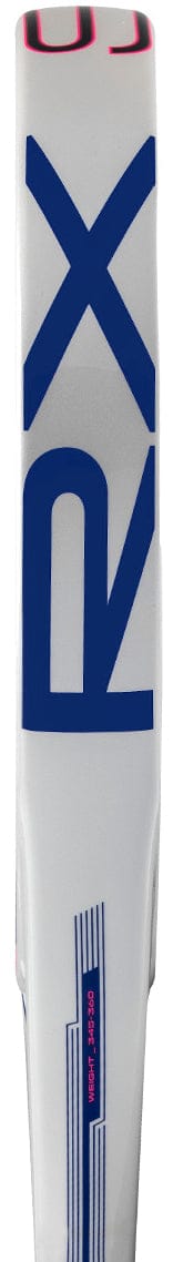 A close-up of the back of an adidas RX Series Light 2026 padel racket, showcasing bold blue and pink "RX" lettering on white with thin blue stripes and a small pink "CK" logo near the bottom, emphasizing its lightweight design.