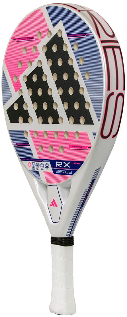 The adidas RX Series Light 2026 Padel Racket is lightweight, features a round shape with a black perforated face, geometric patterns in white, pink, and blue, and a handle wrapped in white grip tape for comfort.
