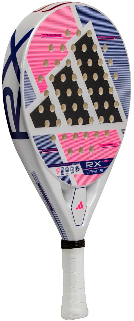 The adidas ADIDAS RX Series Light 2026 padel racket features a white and pink colorway, black and pink geometric design, perforated face, lightweight construction, and a comfortable white grip.