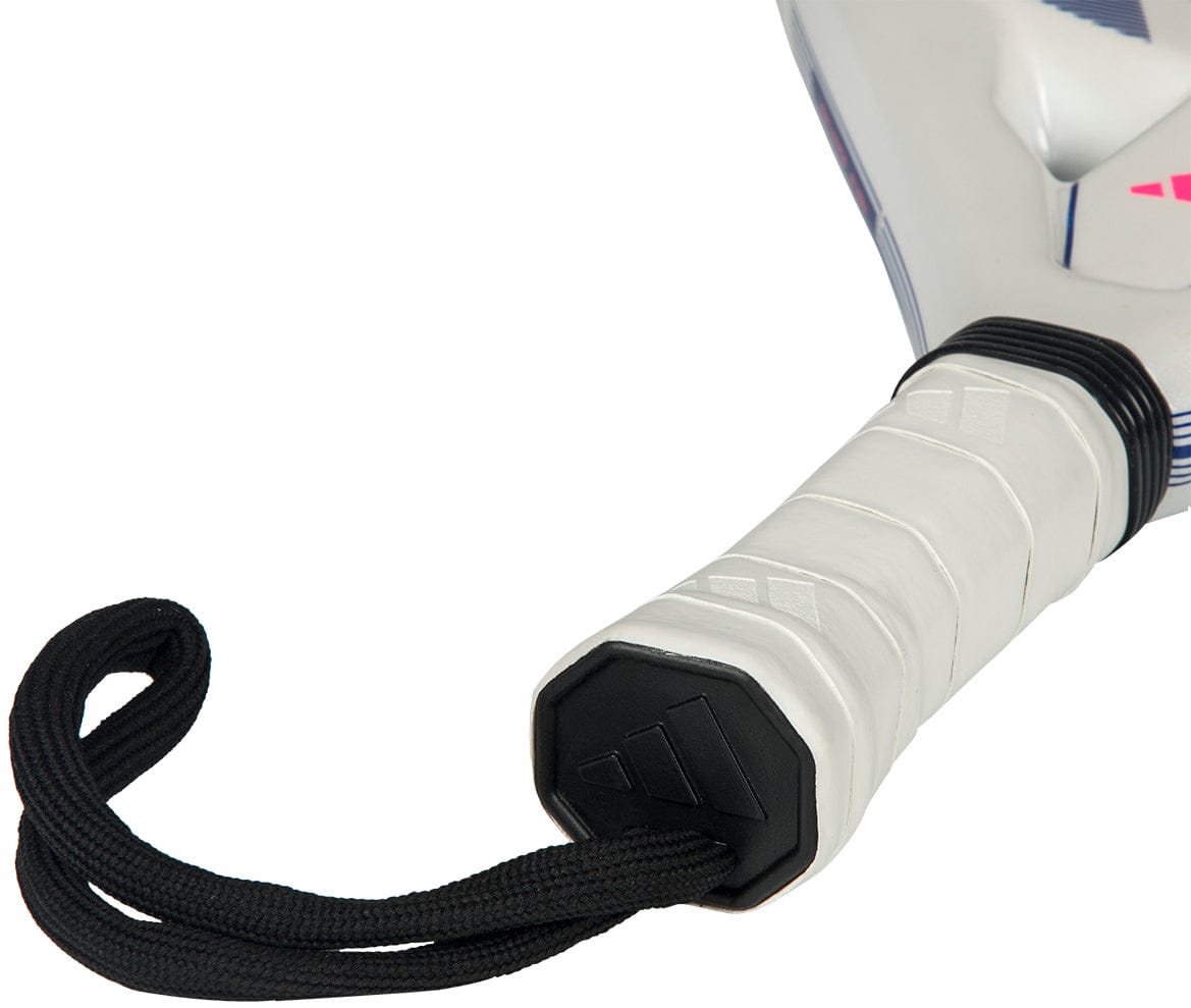 Close-up of the handle of the lightweight adidas RX Series Light 2026 padel racket, wrapped in a white grip with a black wrist strap. The adidas logo is visible on the end cap.
