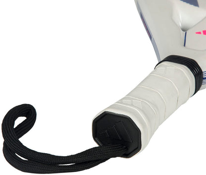 Close-up of the handle of the lightweight adidas RX Series Light 2026 padel racket, wrapped in a white grip with a black wrist strap. The adidas logo is visible on the end cap.