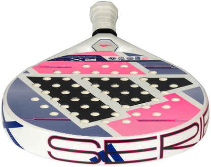 A close-up of the lightweight adidas ADIDAS RX Series Light 2026 padel racket, featuring a white, pink, black, and blue geometric design, circular central holes, and a white grip handle at the top.