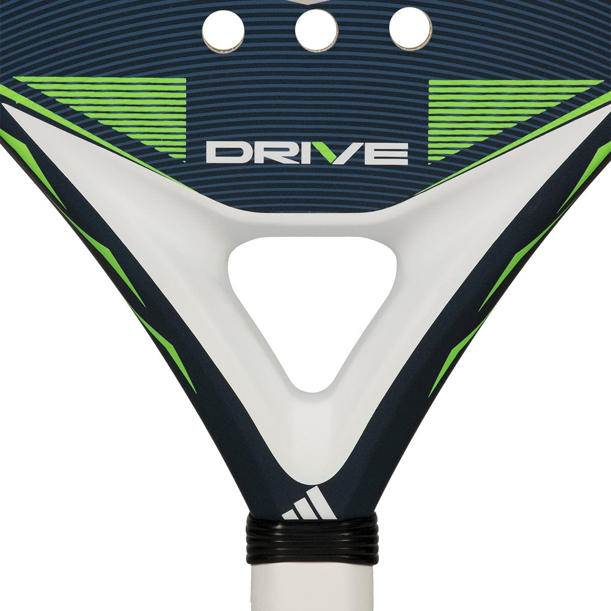 Close-up of the adidas Drive Blue 2026 Padel Racket, a fibreglass padel racket with "DRIVE" across the center, dark blue, white, and neon green lines, a triangular cutout above the handle, and part of the white handle visible.