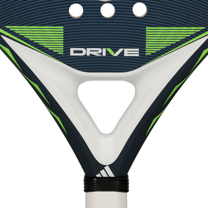 Close-up of the adidas Drive Blue 2026 Padel Racket, a fibreglass padel racket with "DRIVE" across the center, dark blue, white, and neon green lines, a triangular cutout above the handle, and part of the white handle visible.