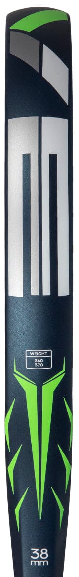A close-up of a cricket bat’s back shows bold geometric white and green designs on dark, echoing the striking patterns of the adidas ADIDAS Drive Blue 2026 Padel Racket. "38 MM" and "WEIGHT 950" markings are visible.